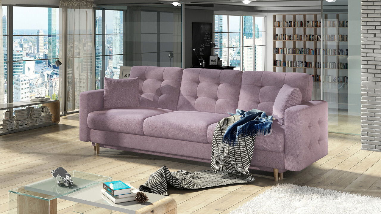 Canapea extensibila 3 locuri ELTAP, Ask02, Asgard, 233x92x93 cm, lemn/poliester, roz