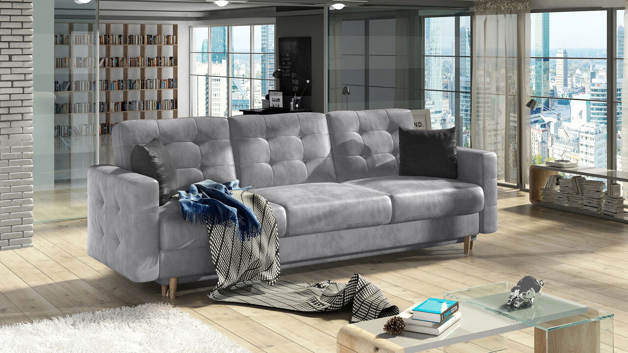 Canapea extensibila 3 locuri ELTAP, Ask16, Asgard, 233x92x93 cm, lemn/poliester, gri deschis