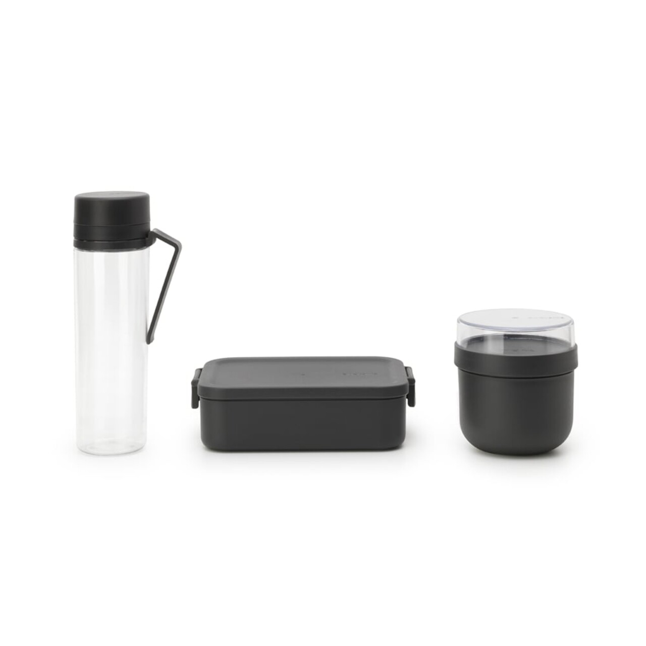 Set caserola pranz, bol si sticla de apa 3 piese, Brabantia, Make&Take Breakfast Set, 1.1 L, 500 ml, plastic, gri inchis