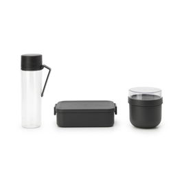 Set caserola pranz, bol si sticla de apa 3 piese, Brabantia, Make&Take Breakfast Set, 1.1 L, 500 ml, plastic, gri inchis