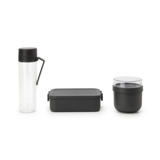 Set caserola pranz, bol si sticla de apa 3 piese, Brabantia, Make&Take Breakfast Set, 1.1 L, 500 ml, plastic, gri inchis