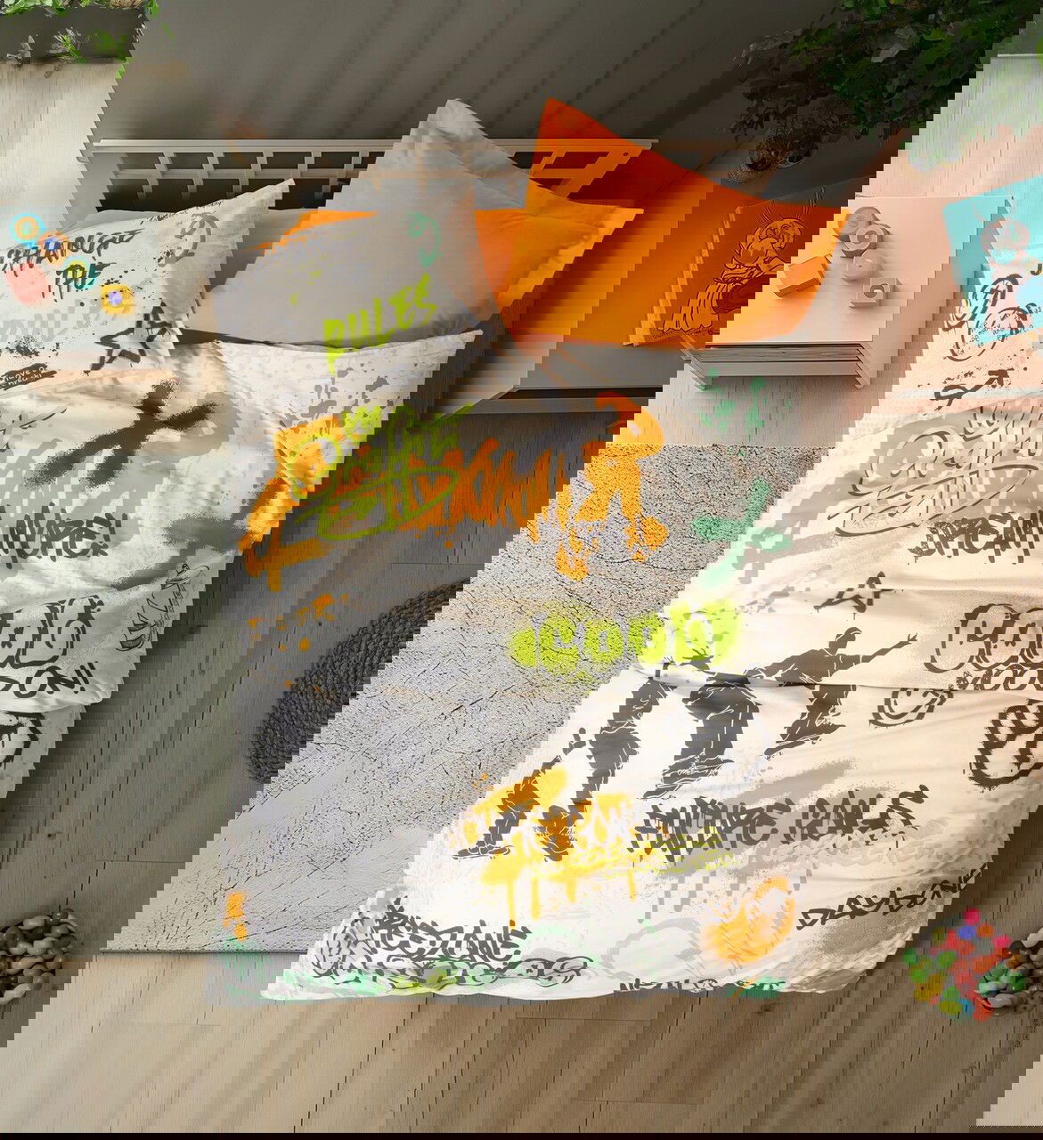 Lenjerie de pat pentru o persoana Young, Graffiti Fitted - Orange, Cotton Box, Bumbac Ranforce
