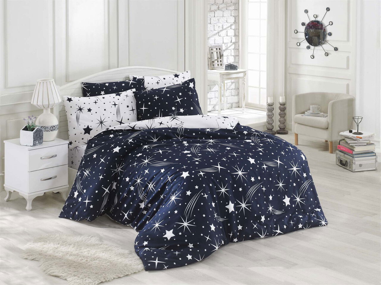 Lenjerie de pat pentru o persoana, Halley - Dark Blue, EnLora Home, 65% bumbac/35% poliester