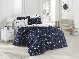 Lenjerie de pat pentru o persoana, Halley - Dark Blue, EnLora Home, 65% bumbac/35% poliester