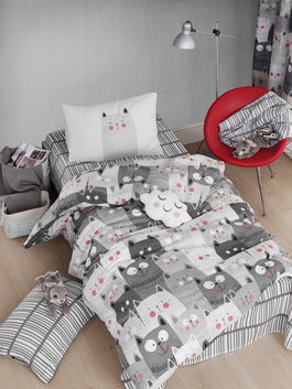 Lenjerie de pat pentru o persoana, Duvarda Kediler - Grey, EnLora Home, 65% bumbac/35% poliester