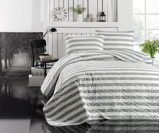 Set cuvertura de pat dubla 3 piese, Hook - Grey, EnLora Home, 65% bumbac/35% poliester
