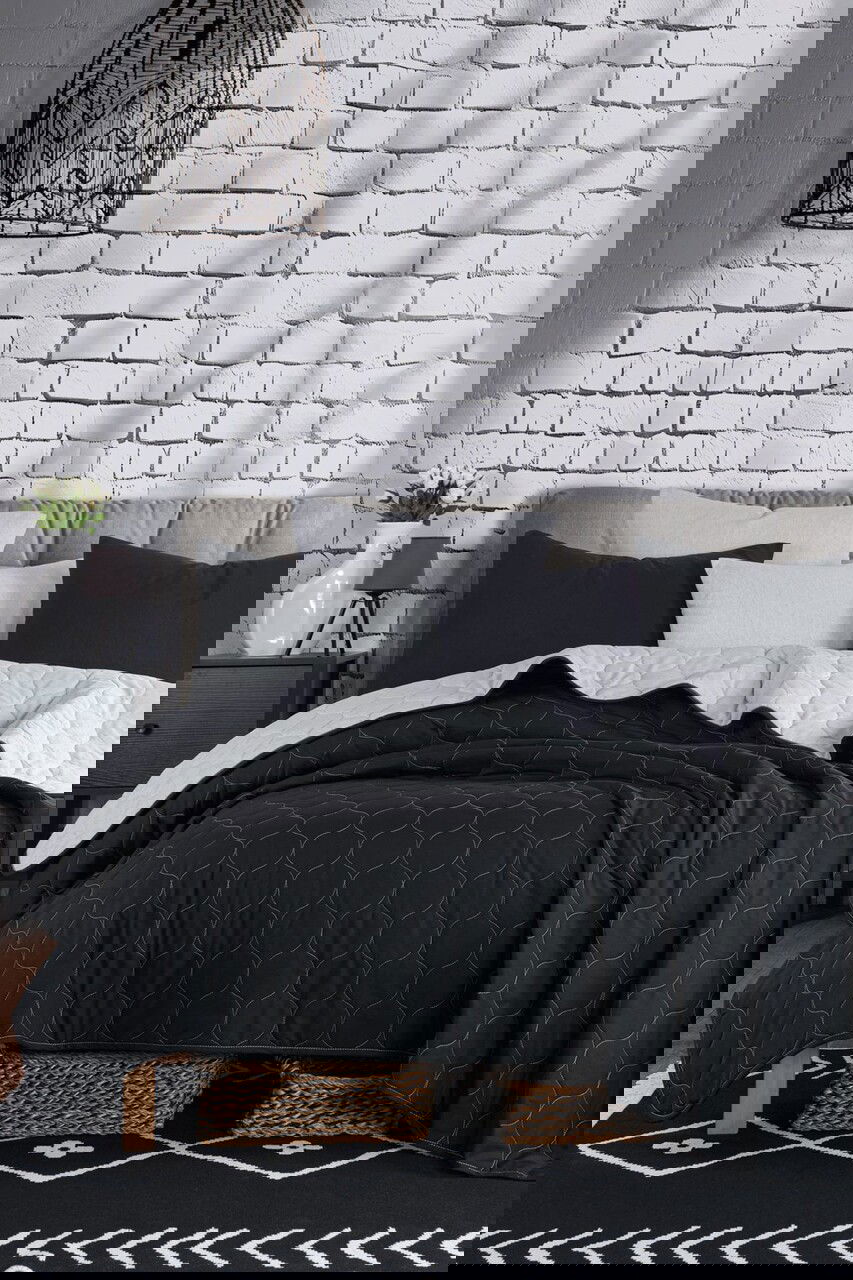 Set cuvertura de pat dubla 3 piese, Solid - Black, Grey, Eponj Home, 65% bumbac/35% poliester