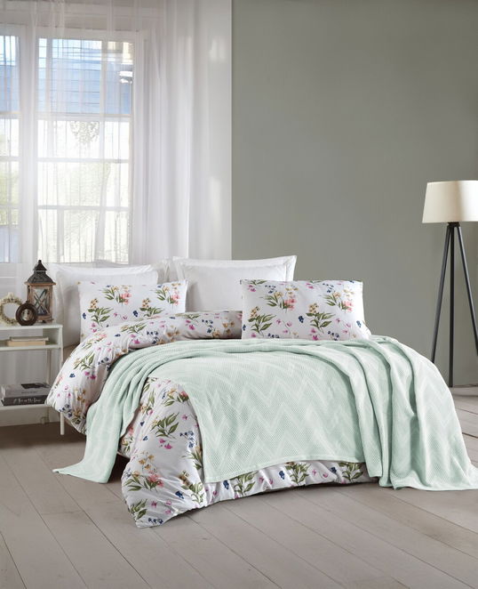 Set cuvertura pique dubla, Zigzag - Mint, Şaheser, Bumbac