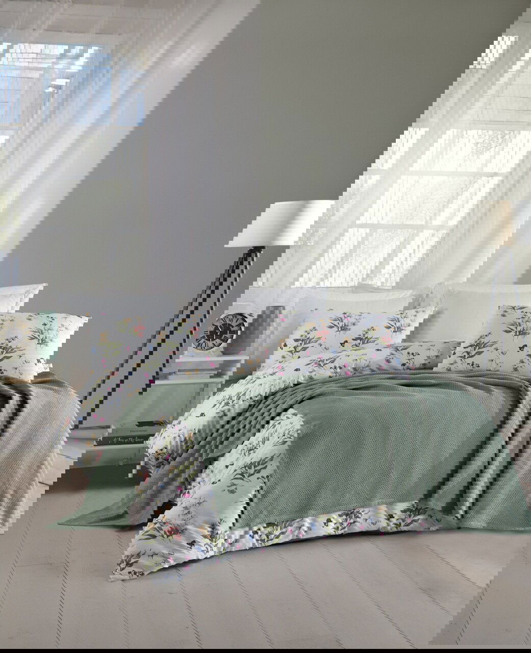 Set cuvertura pique dubla, Zigzag - Green, Şaheser, Bumbac