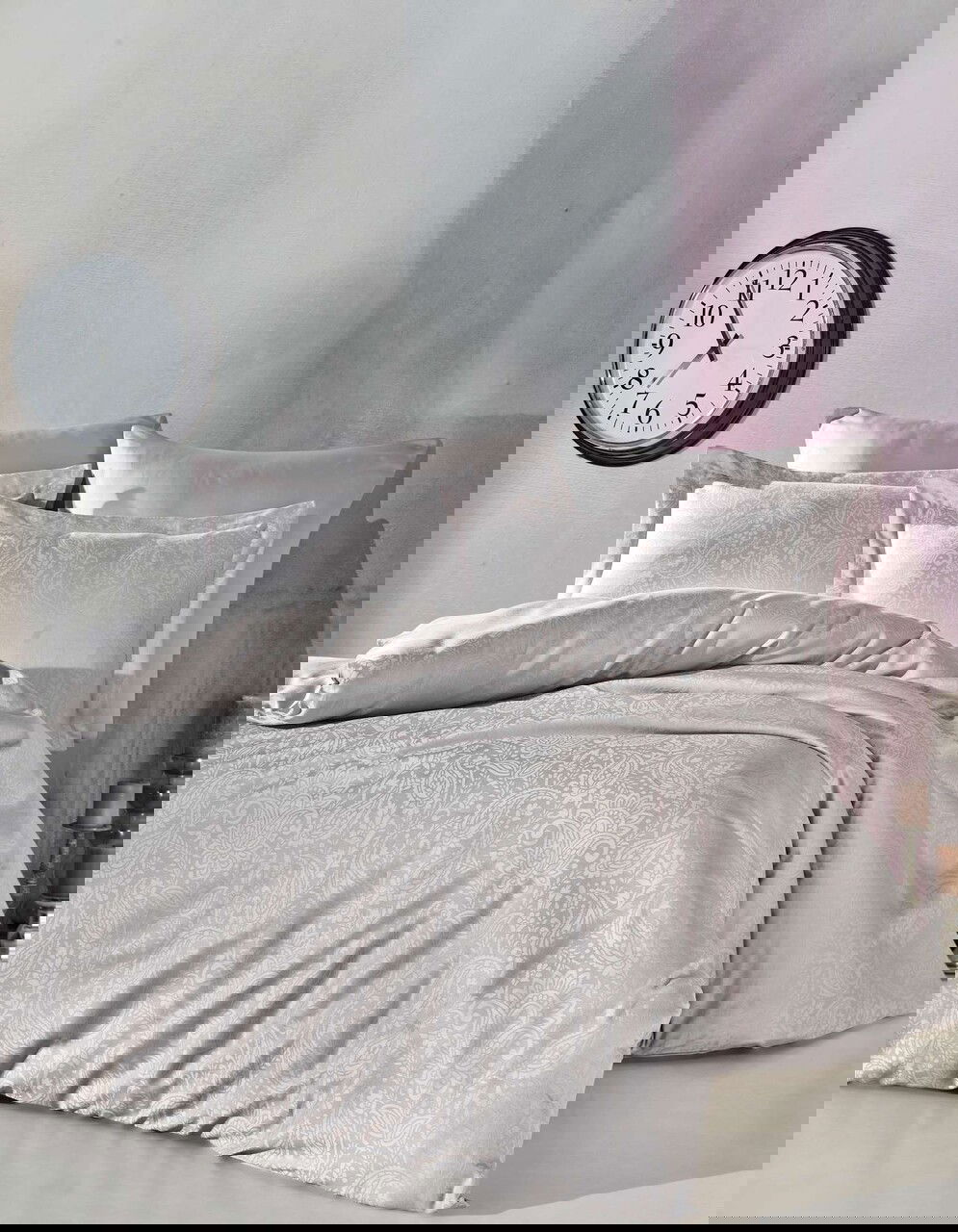Lenjerie de pat dubla, Lucio - Light Grey, Şaheser, Bumbac Satinat