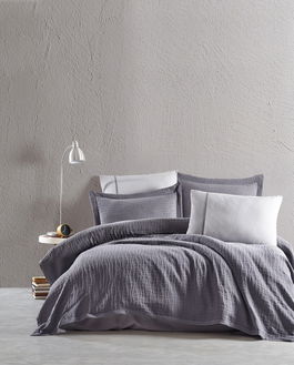 Set cuvertura de pat dubla 3 piese, Tarte - Grey, Şaheser, Bumbac