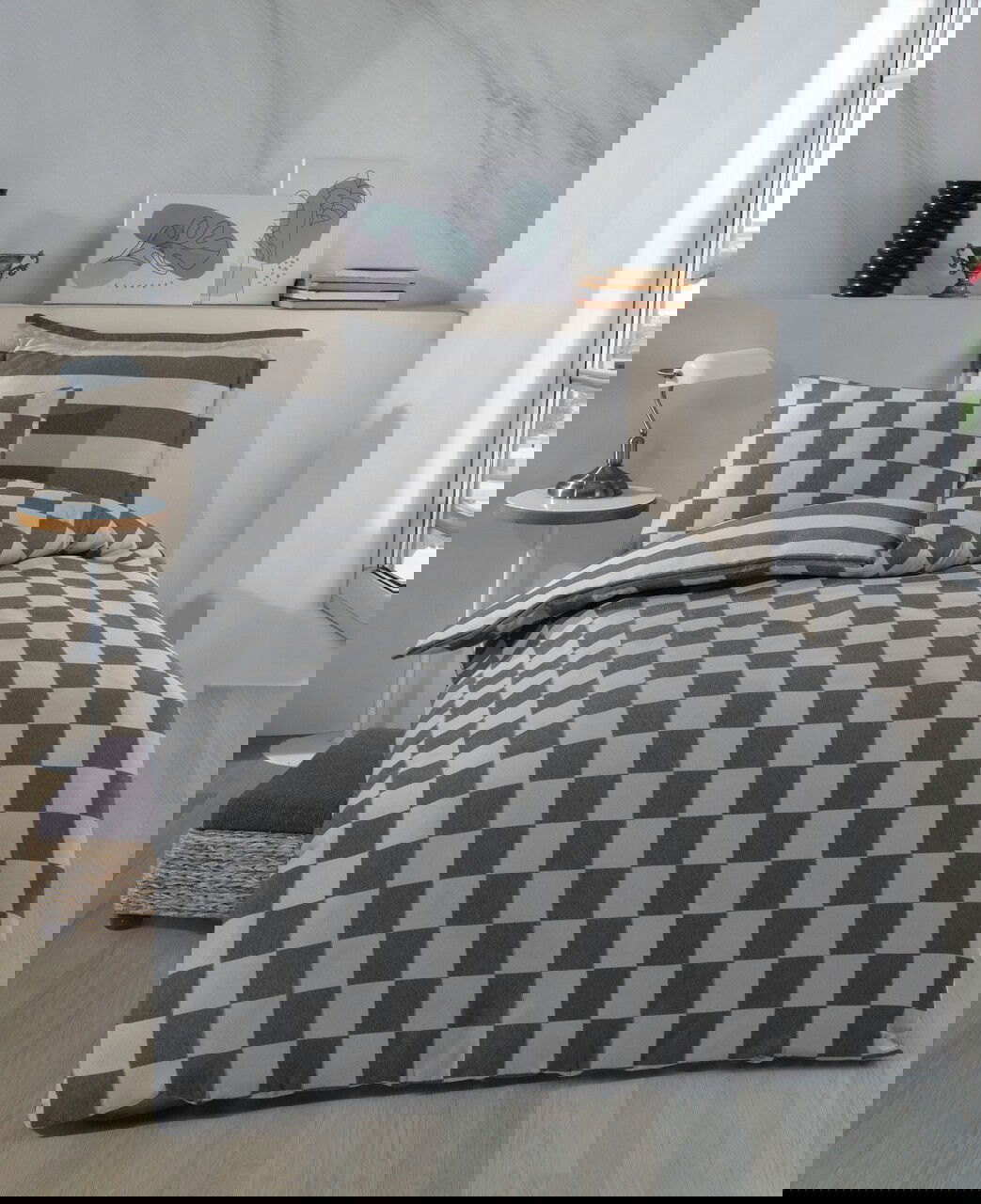 Lenjerie de pat pentru o persoana 2 piese, Kareli Saten - Black, EnLora Home, 70% bumbac/30% poliester