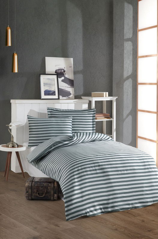 Lenjerie de pat pentru o persoana 2 piese, Water Yollu Saten - Green, EnLora Home, 70% bumbac/30% poliester