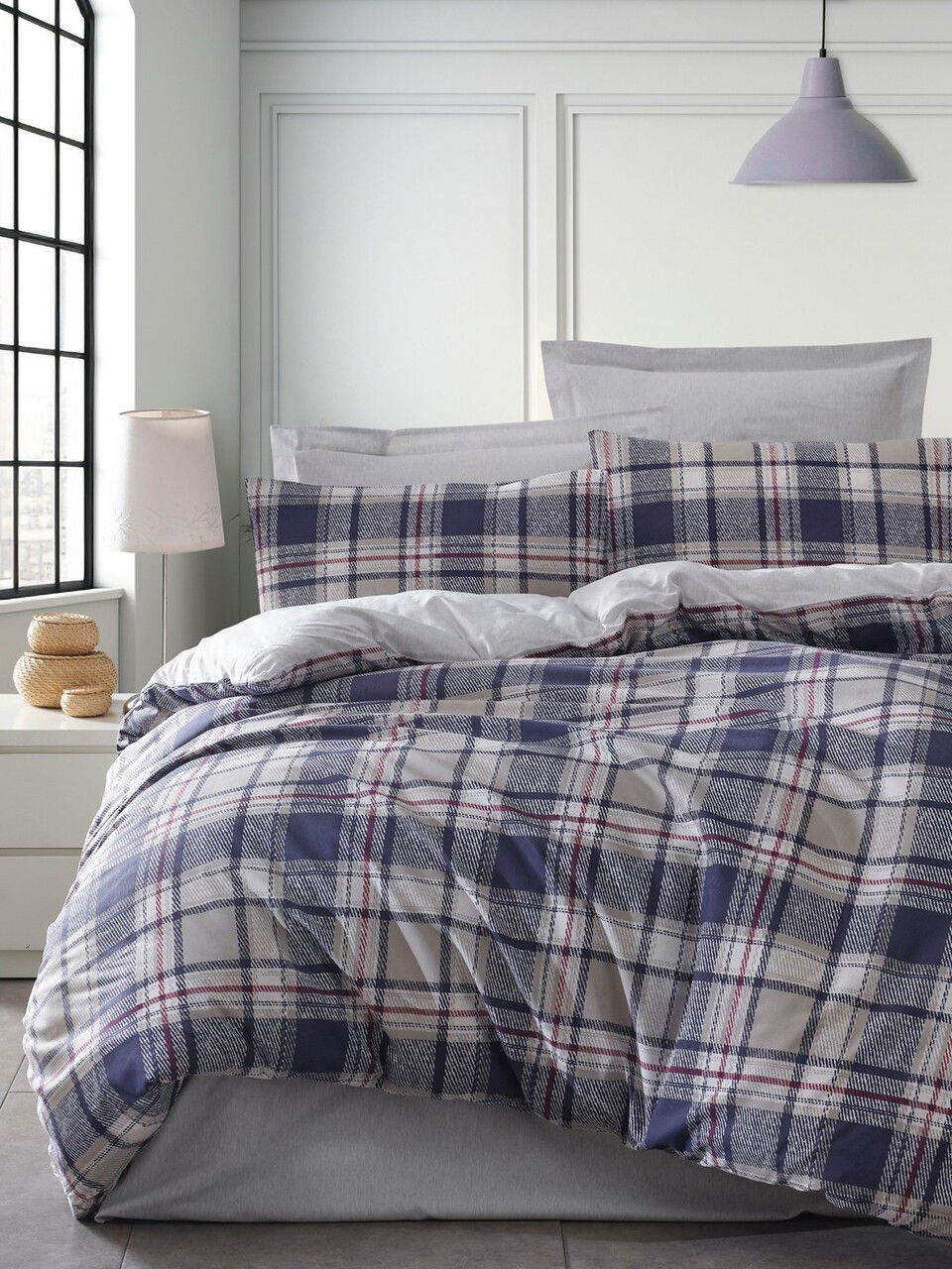 Lenjerie de pat dubla, Ekose - Dark Blue, EnLora Home, 65% bumbac/35% poliester