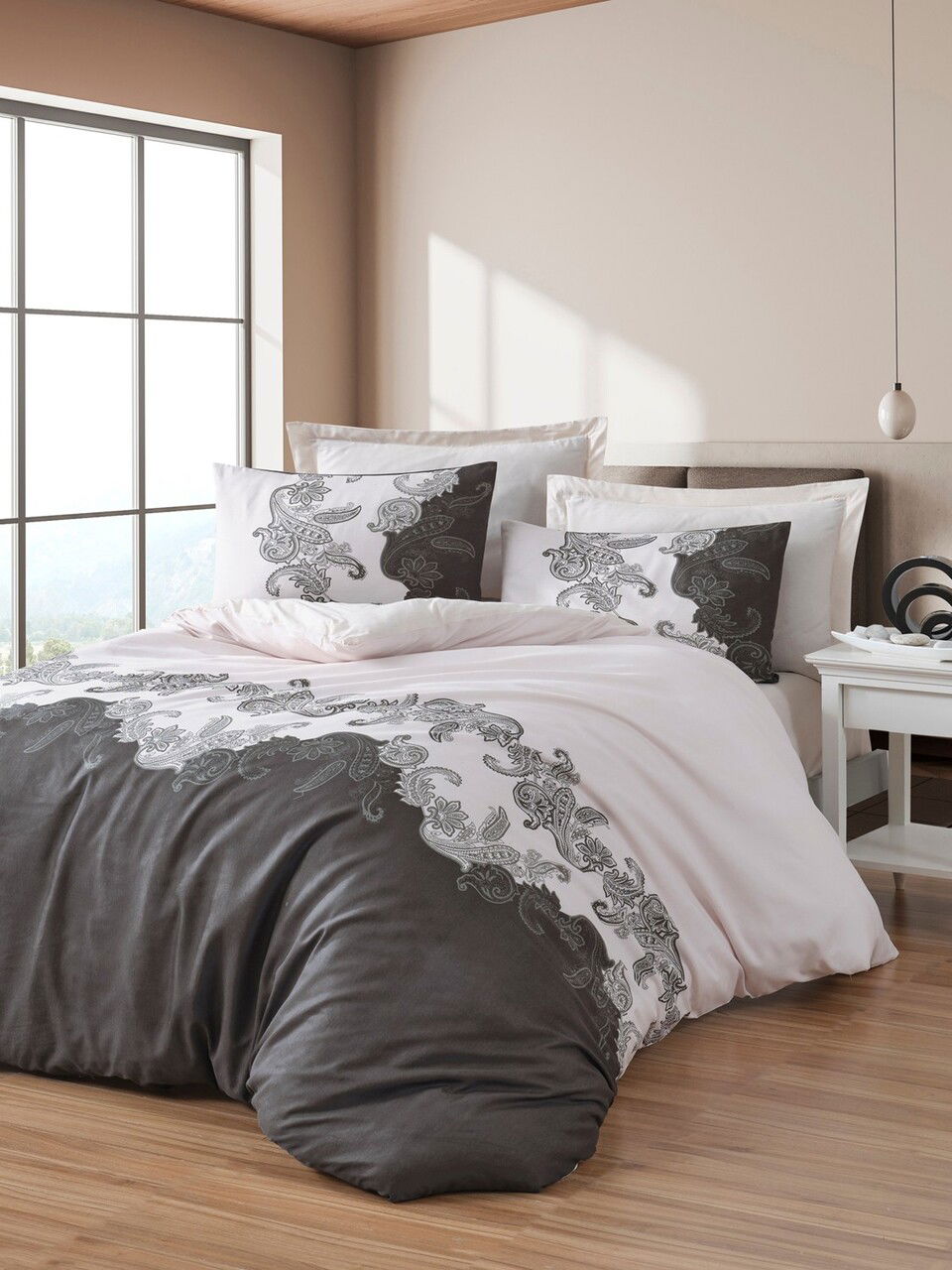 Lenjerie de pat dubla, New Mixscarlet - Beige, EnLora Home, 65% bumbac/35% poliester