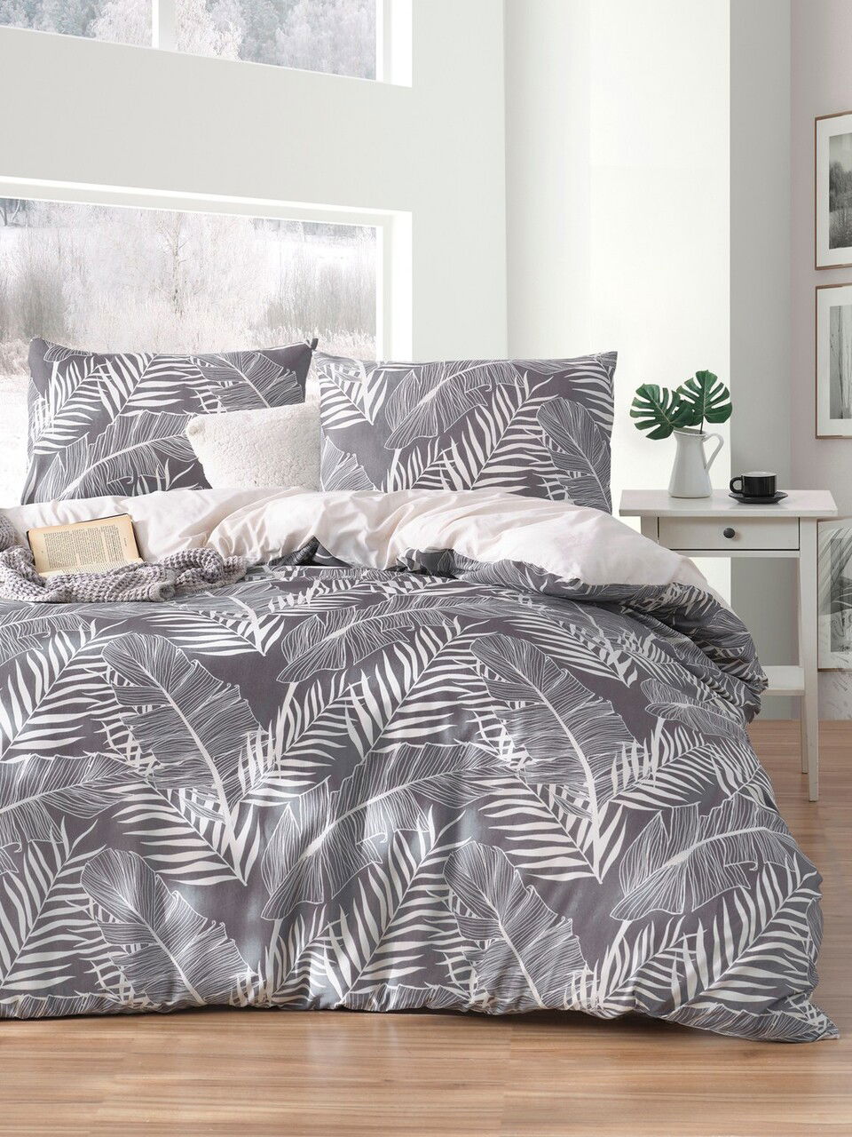 Lenjerie de pat dubla, Palm - Grey, EnLora Home, 65% bumbac/35% poliester