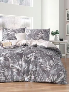 Lenjerie de pat dubla, Palm - Grey, EnLora Home, 65% bumbac/35% poliester