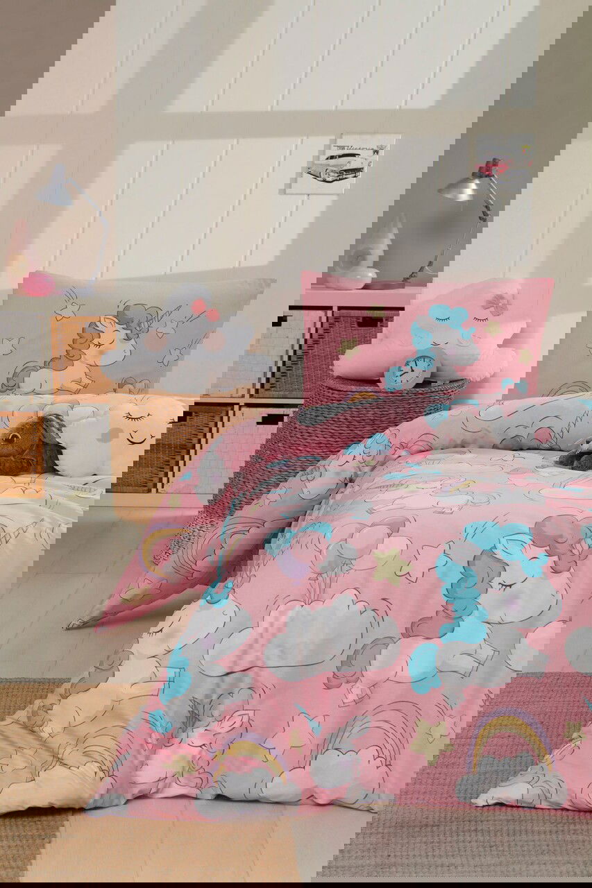 Lenjerie de pat pentru o persoana, Unicornio - Pink, EnLora Home, 65% bumbac/35% poliester