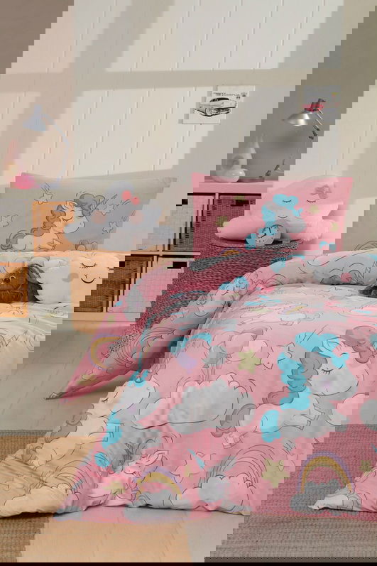 Lenjerie de pat pentru o persoana, Unicornio - Pink, EnLora Home, 65% bumbac/35% poliester