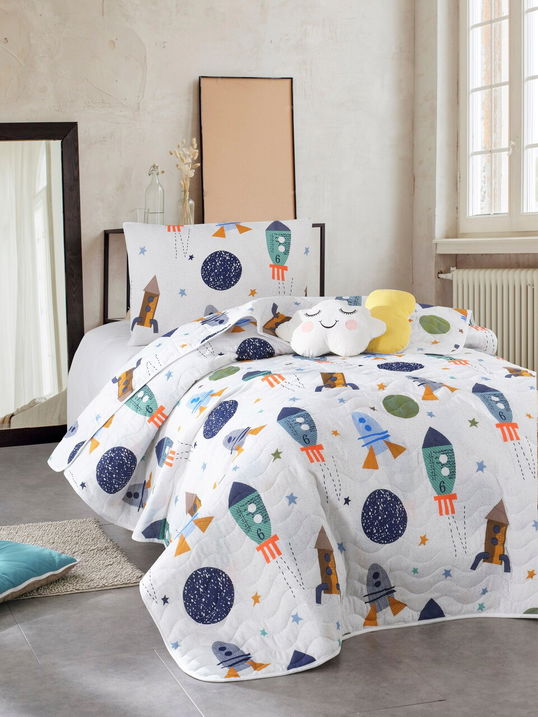 Set cuvertura Single 160x220 cm, 2 piese, Spacex - Dark Blue, EnLora Home, 65% bumbac/35% poliester