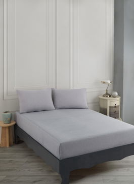 Set de pat dublu (cearceaf cu elastic si perne) 3 piese, Road Potlu - Light Grey, EnLora Home, 70% bumbac/30% poliester