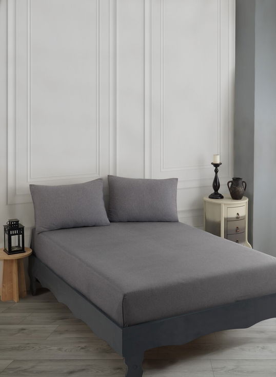 Set de pat dublu (cearceaf cu elastic si perne) 3 piese, Road Potlu - Black, EnLora Home, 70% bumbac/30% poliester