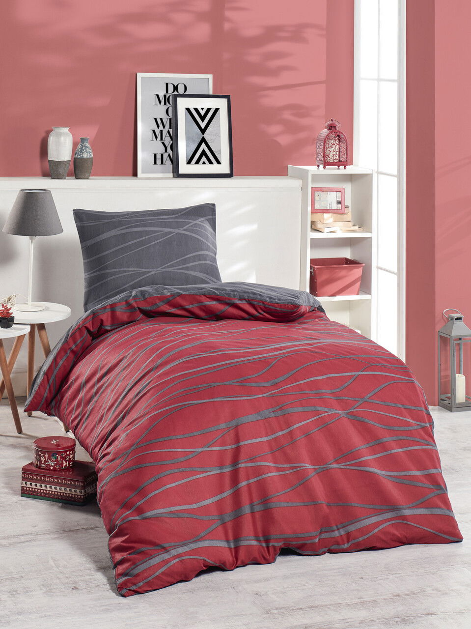 Lenjerie de pat pentru o persoana 2 piese, Verda - Claret Red, EnLora Home, 65% bumbac/35% poliester