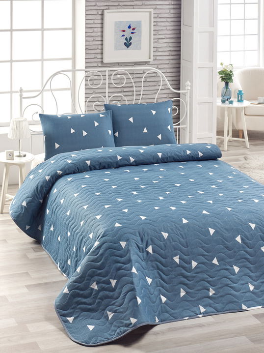 Set cuvertura de pat dubla 3 piese, Üçgen - Blue, Eponj Home, 65% bumbac/35% poliester