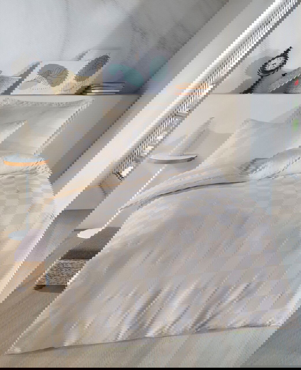 Lenjerie de pat pentru o persoana 2 piese, Kareli Saten - Beige, EnLora Home, 70% bumbac/30% poliester
