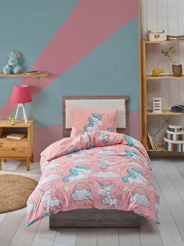 Lenjerie de pat pentru o persoana 2 piese, Unicornio - Pink, EnLora Home, 65% bumbac/35% poliester