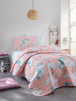 Set cuvertura Single 160x220 cm, 2 piese, Unicornio - Pink, EnLora Home, 65% bumbac/35% poliester