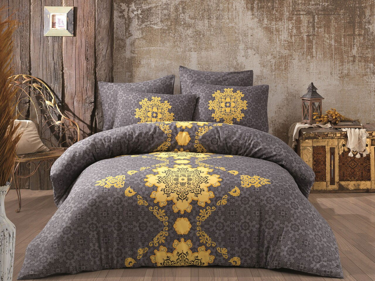 Lenjerie de pat dubla, Saltanat - Yellow, Pearl Home, 50% bumbac / 50% poliester