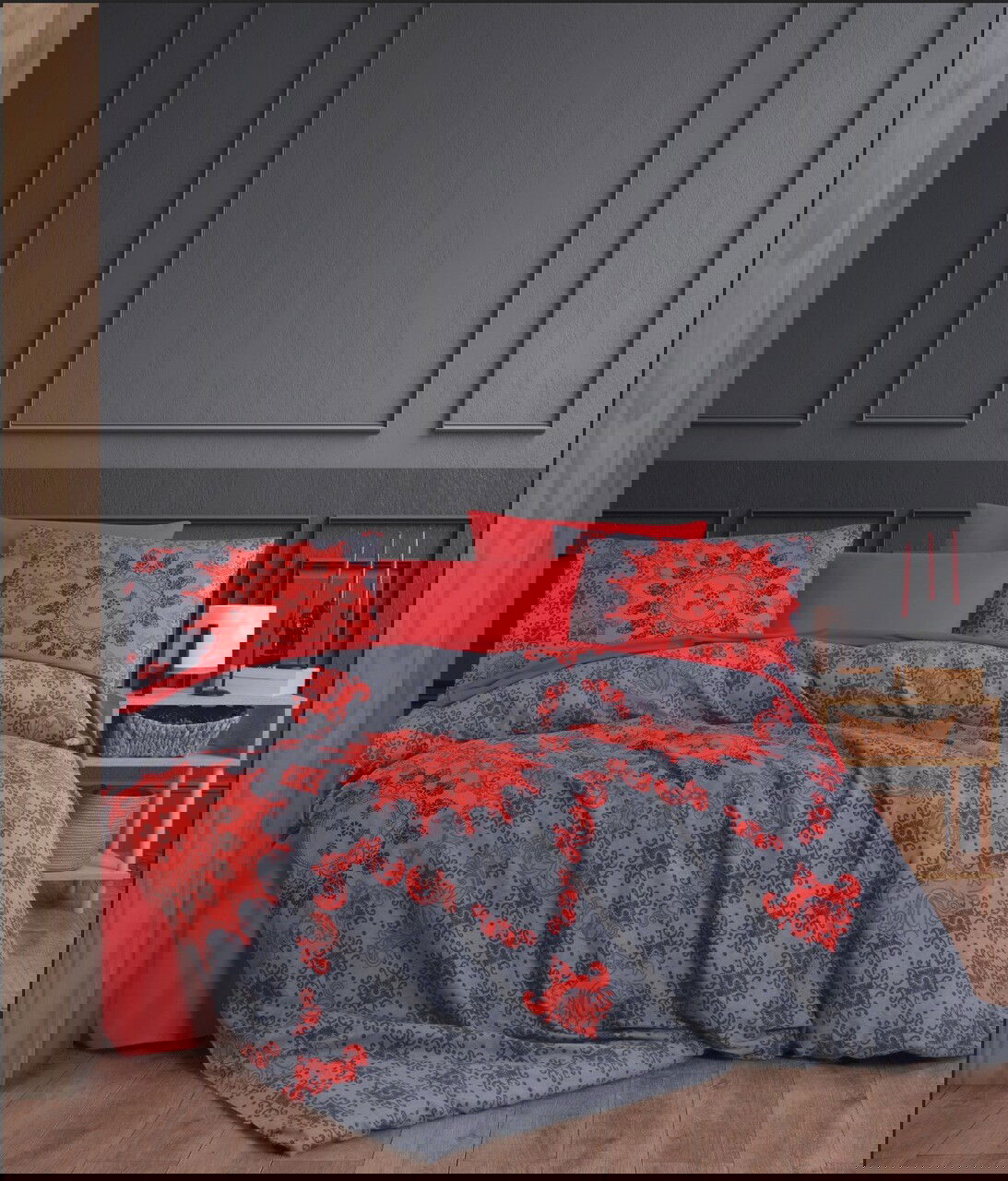 Lenjerie de pat pentru o persoana, Saltanat - Red, Pearl Home, Bumbac Ranforce