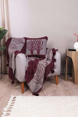 Set patura si perna Single Tricot 130x170 cm, 45x45 cm, Ponpon Tree - Claret Red, Evlen Home - Bedroom, Acril