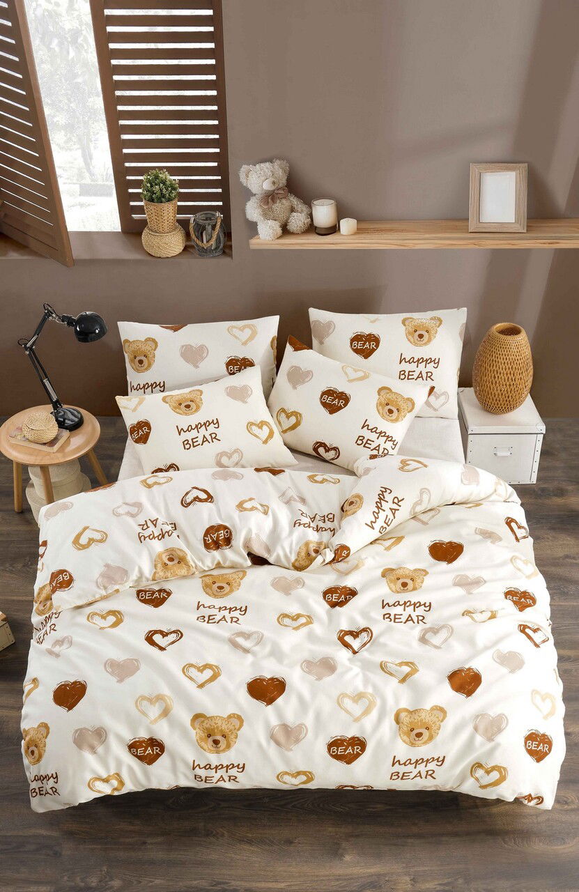 Lenjerie de pat dubla, Teddy Bear Heart Fitted, Tabu Home, 65% bumbac/35% poliester