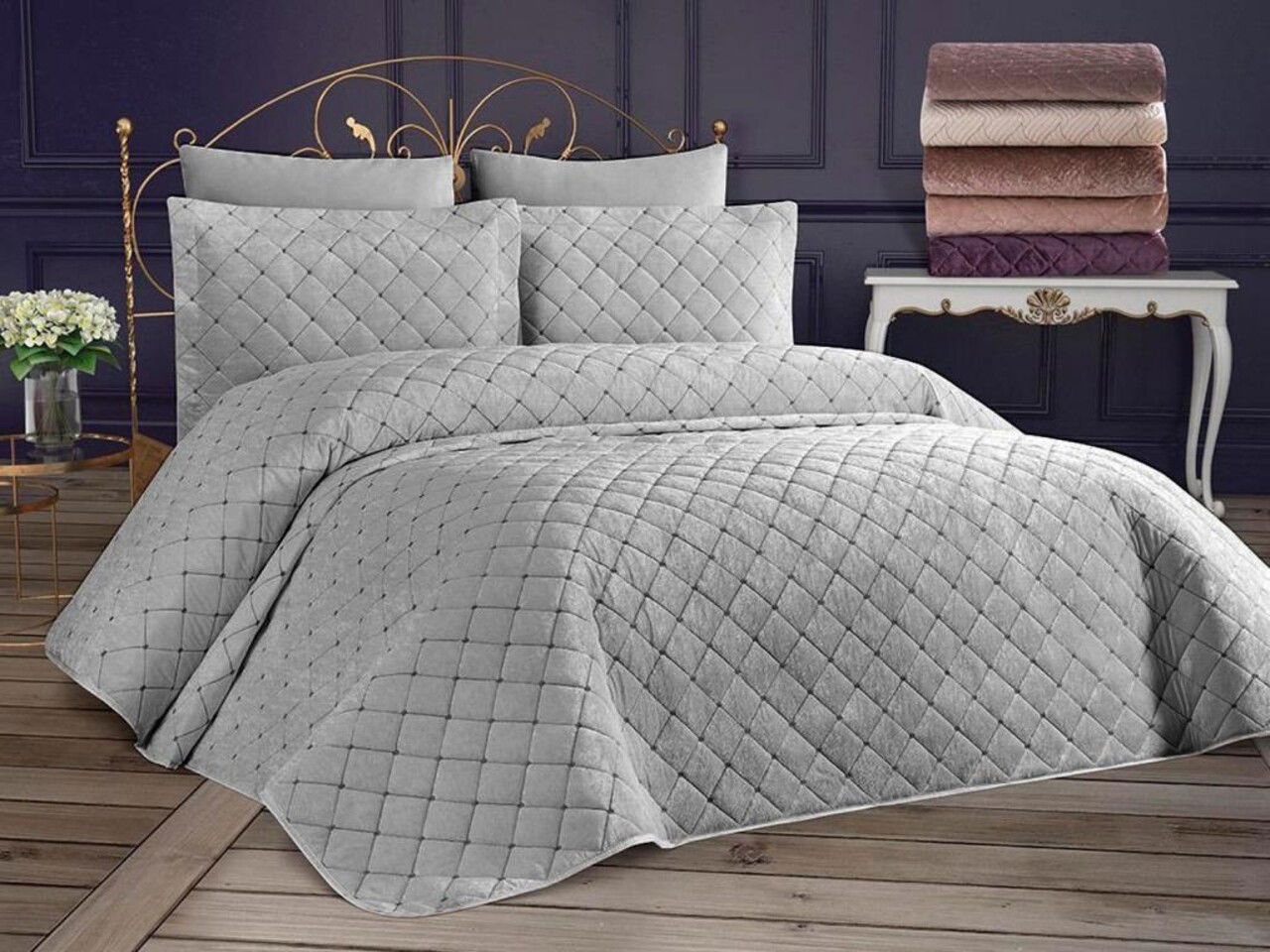 Set cuvertura de pat dubla 3 piese, Dessert - Grey, Dowry World, Catifea