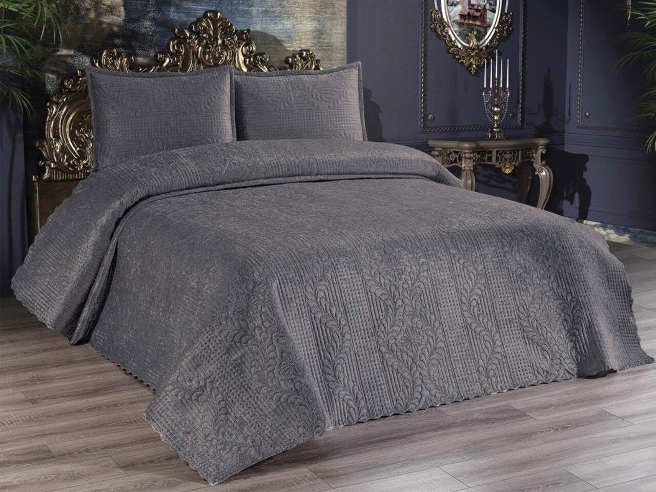 Set cuvertura de pat dubla 3 piese, Velica - Anthracite, Dowry World, Catifea