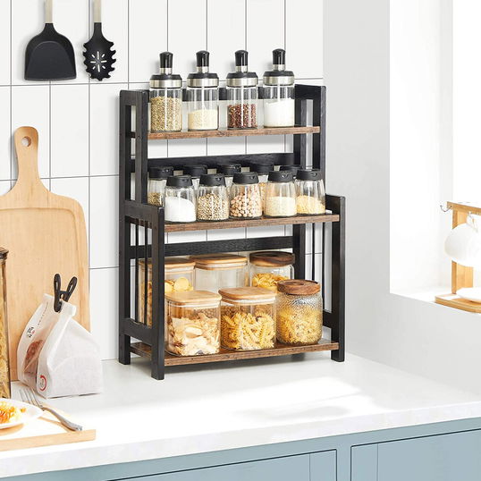 Raft de organizare blat bucatarie/birou, Songmics, 41x18x53 cm, MDF/rama din bambus, maro/negru