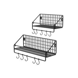 Set 2 rafturi de perete cu 10 agatatori, Songmics, 40x13x12 cm/30x13x12 cm, otel, negru