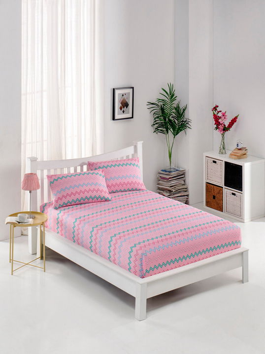 Set de pat pentru o persoana (cearceaf cu elastic si perna) 2 piese, Kokteyl - Pink, EnLora Home, 65% bumbac/35% poliester