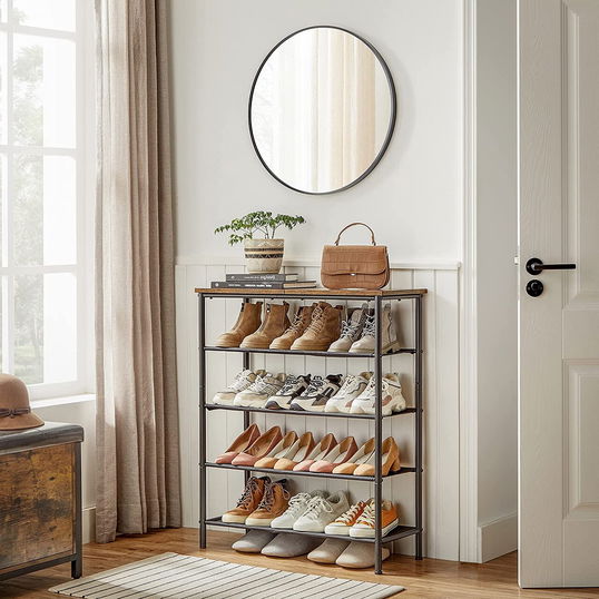 Pantofar cu 5 rafturi, Vasagle, 75x30x91 cm, PAL/otel/poliester, maro