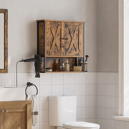 Dulap de perete cu 3 rafturi si suport uscator de par, Vasagle, 60x16x60 cm, PAL/otel, maro rustic