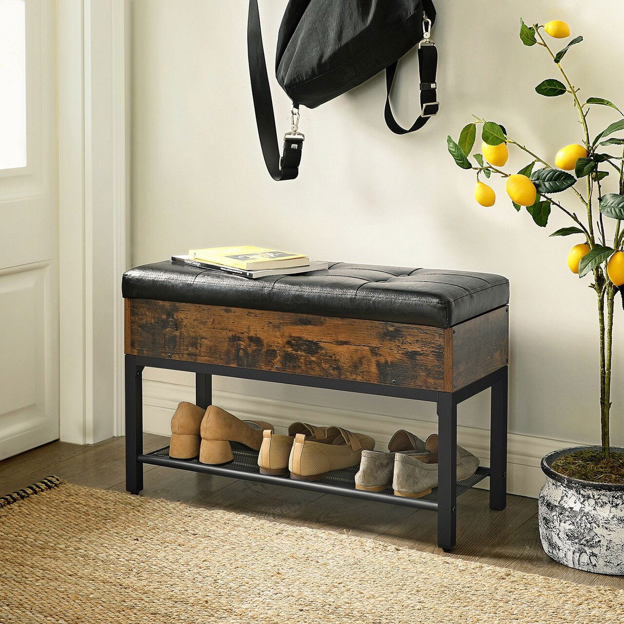 Bancheta cu pantofar si sezut tapitat, Vasagle, 70x30x45 cm, PAL/otel/piele ecologica, maro rustic
