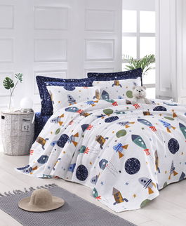 Set cuvertura pique Single 2 piese, Spacex - Dark Blue, EnLora Home, Bumbac