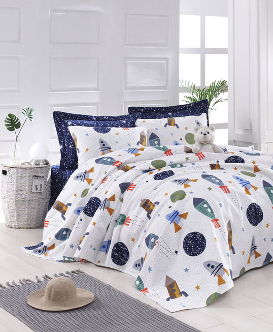 Set cuvertura pique Single 2 piese, Spacex - Dark Blue, EnLora Home, Bumbac