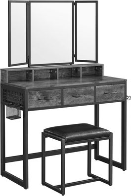 Masa de toaleta cu oglinda si taburet / masuta dressing, Vasagle Industrial, 90x40x141 cm, PAL/oglinda, maro