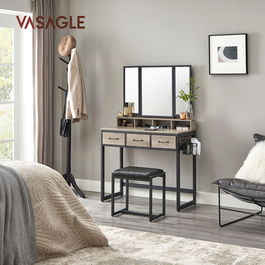 Masa de toaleta cu taburet / Masuta dressing, Vasagle, Industrial, 90x40x141 cm, PAL/otel/piele ecologica, gri