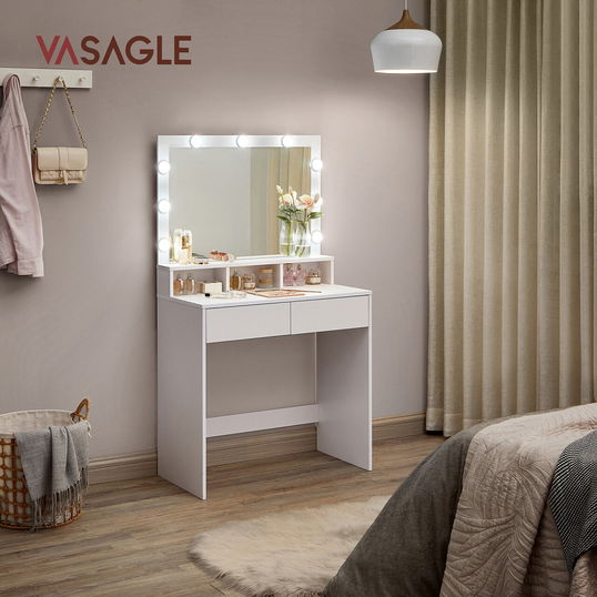 Masa de toaleta cu oglinda cu LED-uri / masuta dressing, Vasagle, 80s40s137.5 cm, MDF, alb