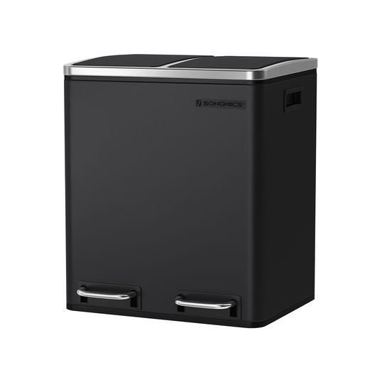 Cos de gunoi cu pedala 2 x 15 L, Songmics, inchidere soft close, igienic, etans, 41x36x47 cm, otel, negru