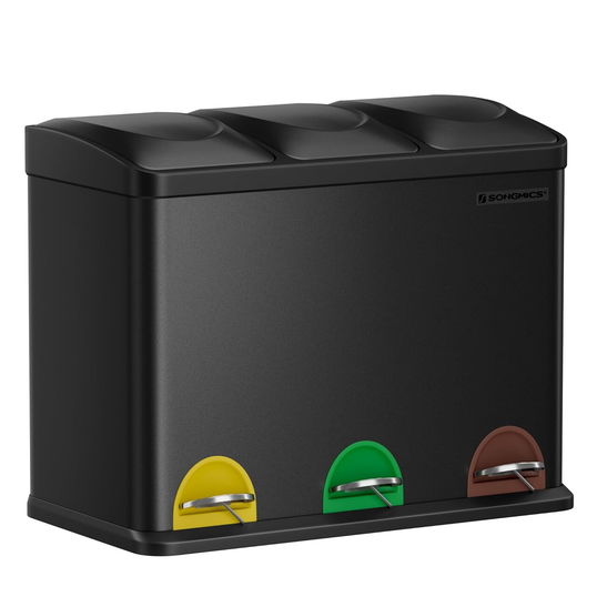 Cos de gunoi colectare selectiva 3 x 15 L, Songmics, 60.5x40.5x48.5 cm, inox, negru